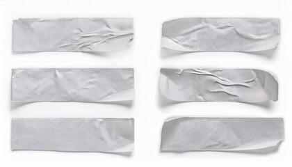 Set of Wrinkled Gray Duct Tape Pieces on White Background. Textured Adhesive Strips for DIY Projects, Repairs, Crafting, Decoration, or Concept Art with Imperfections for Realistic Visual Use