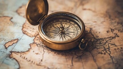 Antique brass compass on vintage world map.