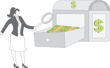 Businesswoman holding magnifying glass and looking at small bills inside big bill drawer, financial insurance and security, financial business concept illustration