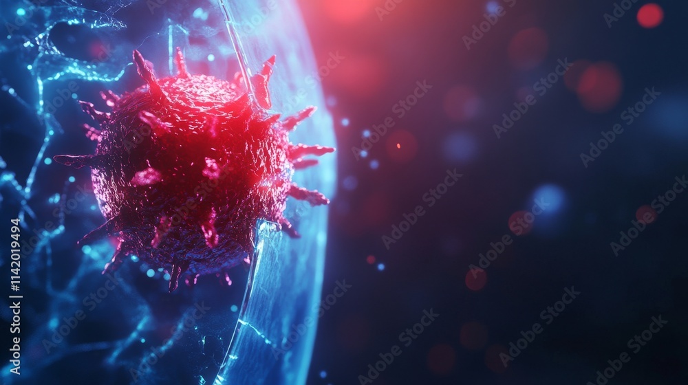 Poster a detailed macro view of a virus, showcasing its structure and intricate details, highlighting the c