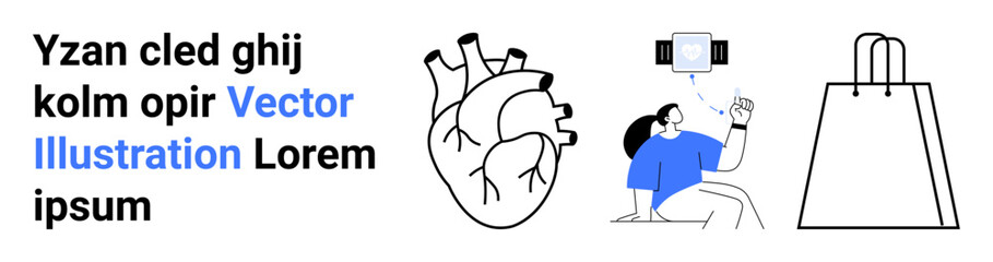 Diagram of human heart, person performing exercises with dumbbells, and shopping bag convey health, fitness, and shopping. Ideal for medical education, exercise tips, shopping guides, fitness