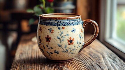 Handcrafted Floral Mug Rests on Wooden Surface