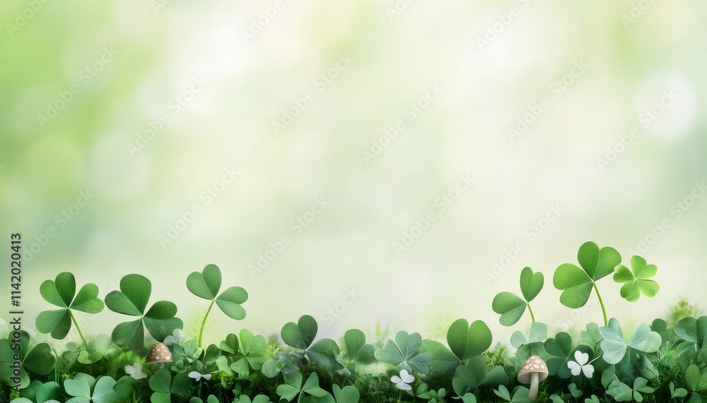 Poster a lush, green background featuring delicate clovers in soft focus, creating a serene and refreshing 