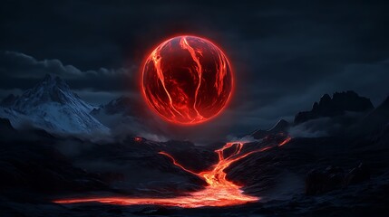 Crimson Inferno: A Digital Painting of a Molten Planet Over a Volcanic Landscape AI Generated