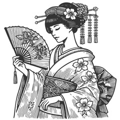 Obraz premium graceful geisha in traditional attire, adorned with flowers and hairpins, holding a decorative fansketch engraving generative ai vector illustration. Scratch board imitation. Black and white image.