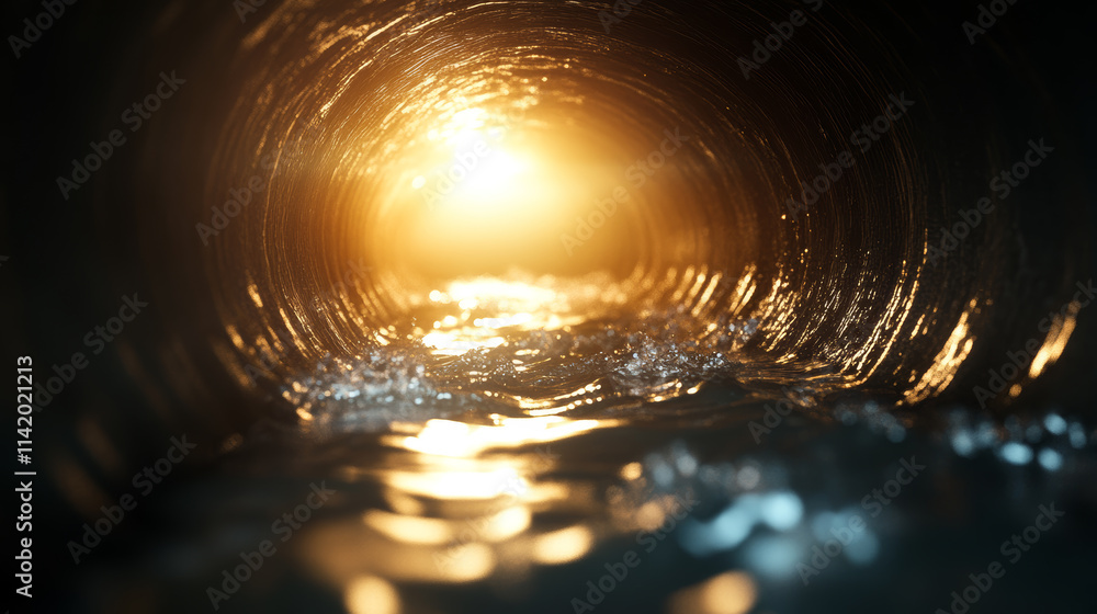 Poster light at the end of the tunnel shining through flowing water in a dark pipe