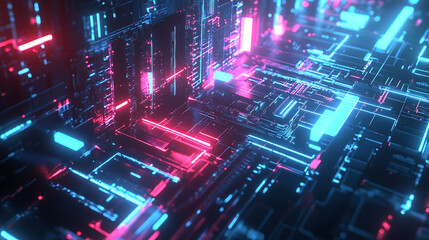 Obraz premium Neon Circuitry: Abstract Cyberpunk Digital Landscape 