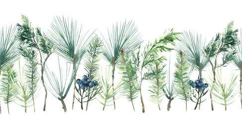 Watercolor Hand-painted Seamless Border with Green Leaves, Winter Pine Branches.