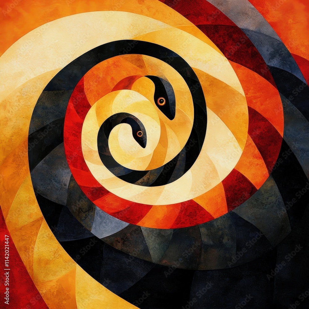 Poster snake forming a spiral pattern on a textured red and gold background