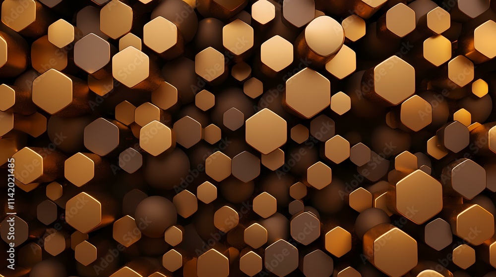 Poster the image contains a dense collection of hexagonal and spherical shapes in varying shades of brown a