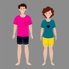 Characters in casual summer clothing standing on a gray background
