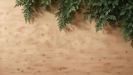 Exotic foliage with dark green leaves against a warm beige or light brown wooden background, earthy tone, natural