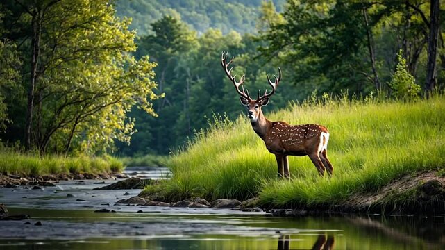 a deer in the forest by the river