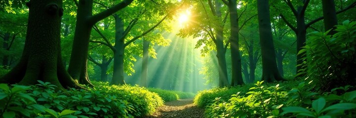 Dense forest canopy with sunlight filtering through, green, leaves, trees