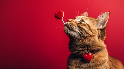 A ginger cat holds a small red heart in his teeth. The cat wears a collar with a heart, on a red background. With empty space for text