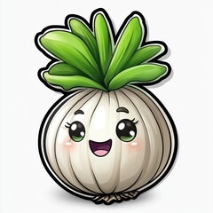 Naklejka premium Cute cartoon onion with happy face and green sprouts.