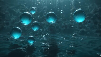 Delicate orbs float downwards through the water of a deep blue teal ocean, flowing movement, natural beauty , underwater scene
