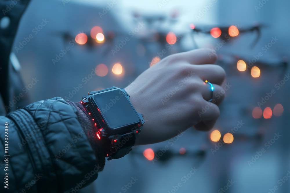 Poster engineer controls a swarm of drones using a futuristic smartwatch, showcasing the potential of weara
