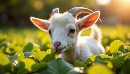 Obraz premium Cute Goat Grazing in Lush Green Field