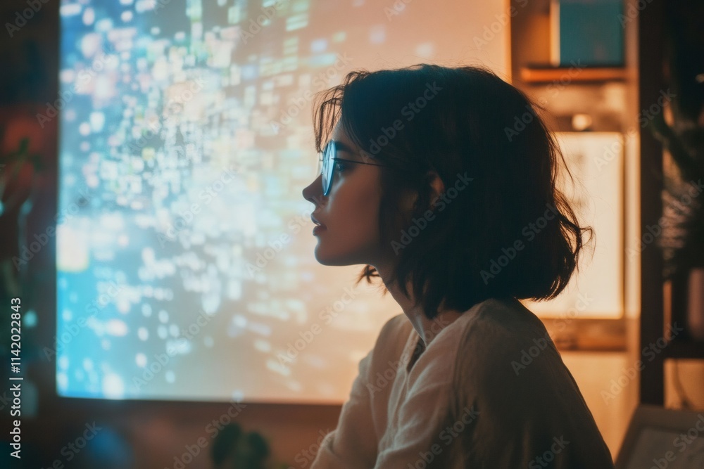 Poster focused female student learning foreign language using ai application projected on wall, enjoying co