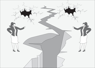 Two businesswomen stand on opposite sides of ground crack and accuse each other, conflict contradiction and broken relationship