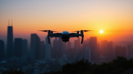 A drone capturing stunning aerial footage of a city skyline at sunset, with smooth cinematic motion