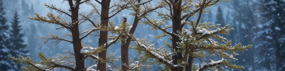 Bare evergreen tree in winter with snowflakes, frosty, still, small trees