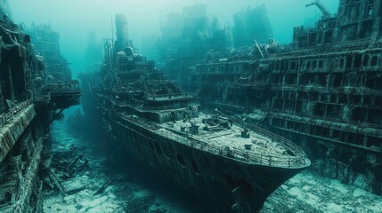 A steampunk-inspired underwater city built entirely from reclaimed shipwrecks