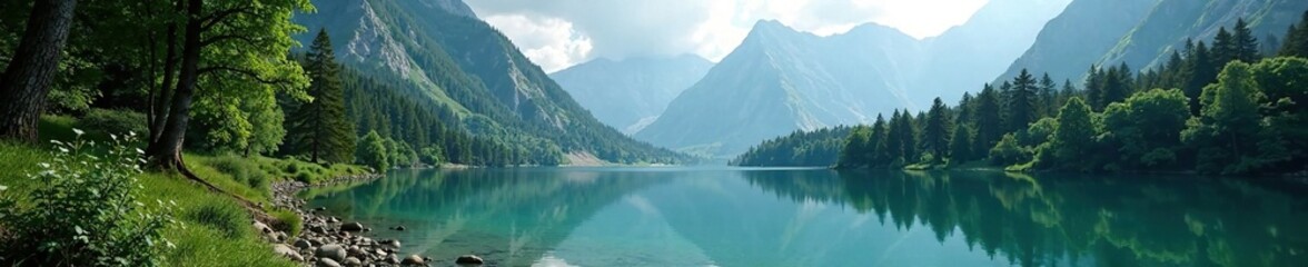 Naklejka premium Ancient forest trees against a serene mountain lake, lakes, ponds