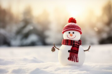 Snowman with red accessories enjoying a beautiful winter sunset in a snowy landscape