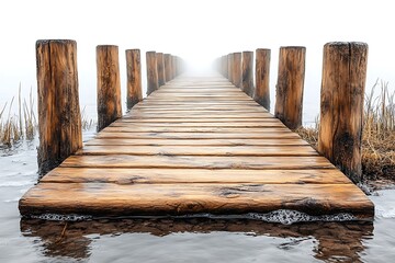 Fototapeta premium Tranquil wooden pier leading into a misty lake.
