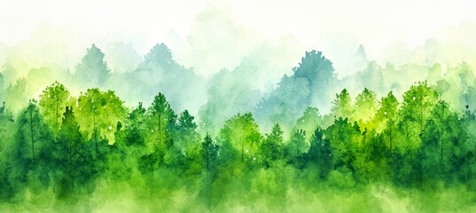 Fototapeta premium Misty Tranquil Forest, Soft Green Watercolor Landscape Painting with Ethereal Sunlight and Gradient