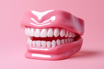Naklejka premium Plastic anatomical model of human jaw showing healthy teeth and gums, promoting oral hygiene and dental care