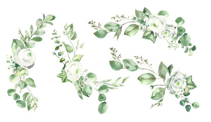 Watercolor Hand-painted Bouquets Set with Green Leaves, Winter Branches  and White Roses.