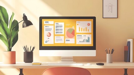 Modern Workspace with Computer and Colorful Charts on Desk