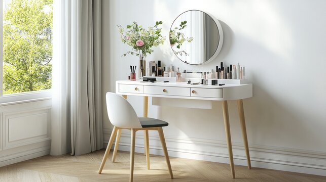 White vanity table with mirror, chair, makeup and flowers by window.