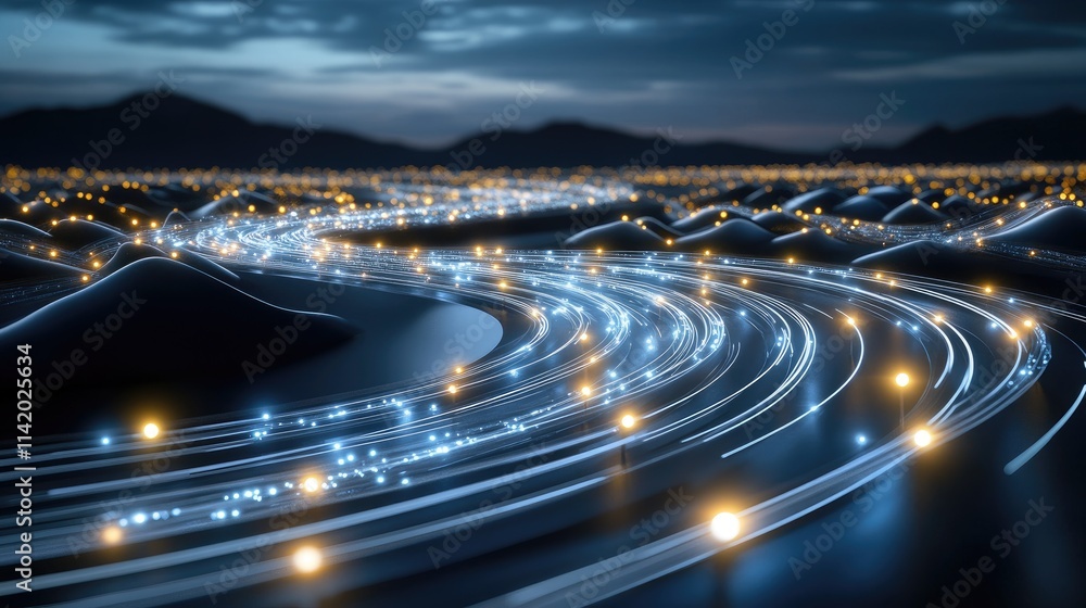 Poster a swirling data stream emits vibrant yellow and orange light while creating a mesmerizing effect wit