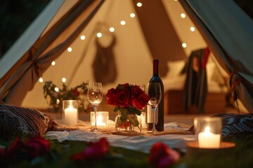 Red roses, wine glasses, and candles create a romantic atmosphere for a couple's dinner inside a softly lit tent