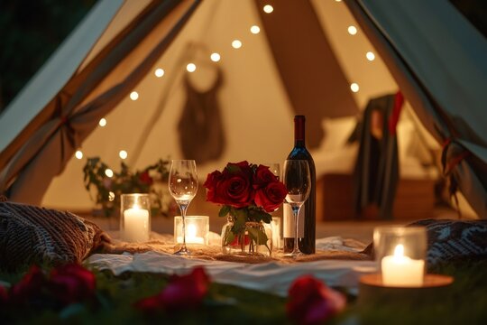 Red roses, wine glasses, and candles create a romantic atmosphere for a couple's dinner inside a softly lit tent