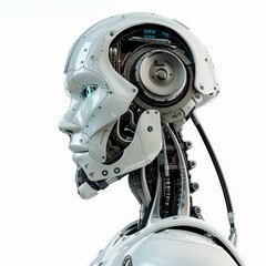 Fototapeta premium White robot head showing artificial intelligence posing on white background