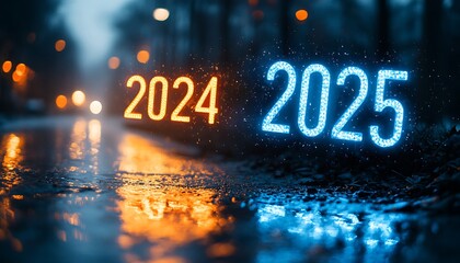 Happy New Year 2025 Numbers Reflected on a Wet Road.