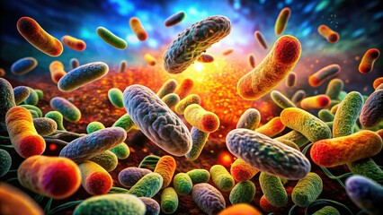 Naklejka premium Microscopic Listeria pathogens contaminate food, triggering outbreaks and serious healthcare concerns.