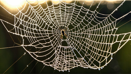 Obraz premium Raindrops on Spider Web: Capturing the Beauty of Nature's Delicate Connections