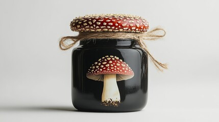 Black plastic medicine bottle with fly agaric, lid in form of amanita cap