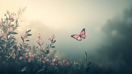 Pink Butterfly Soaring Over Delicate Pink Flowers