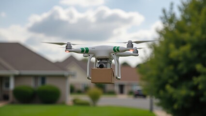 A delivery drone carrying a small package, flying over suburban houses and green spaces during daytime