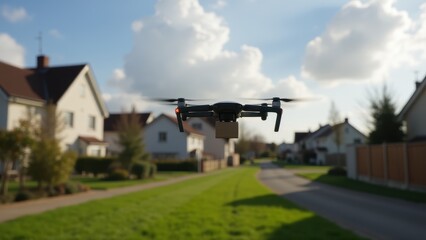 Fototapeta premium A delivery drone carrying a small package, flying over suburban houses and green spaces during daytime