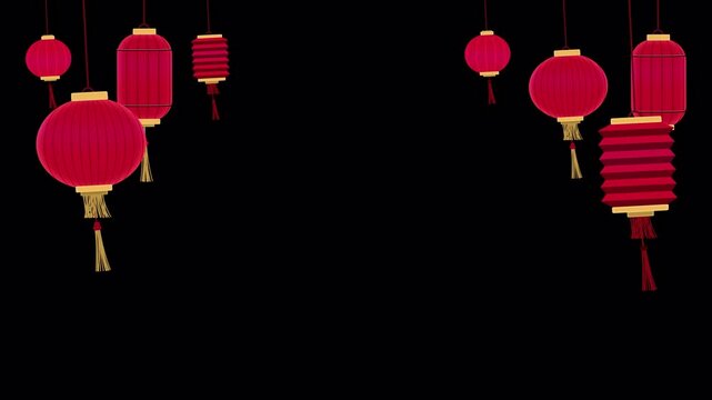 Swaying Chinese Red Paper Lantern Animation, Lunar New Year Decoration, Transparent Background, seamless loop, Flat vector motion graphic style, curve arc top frame