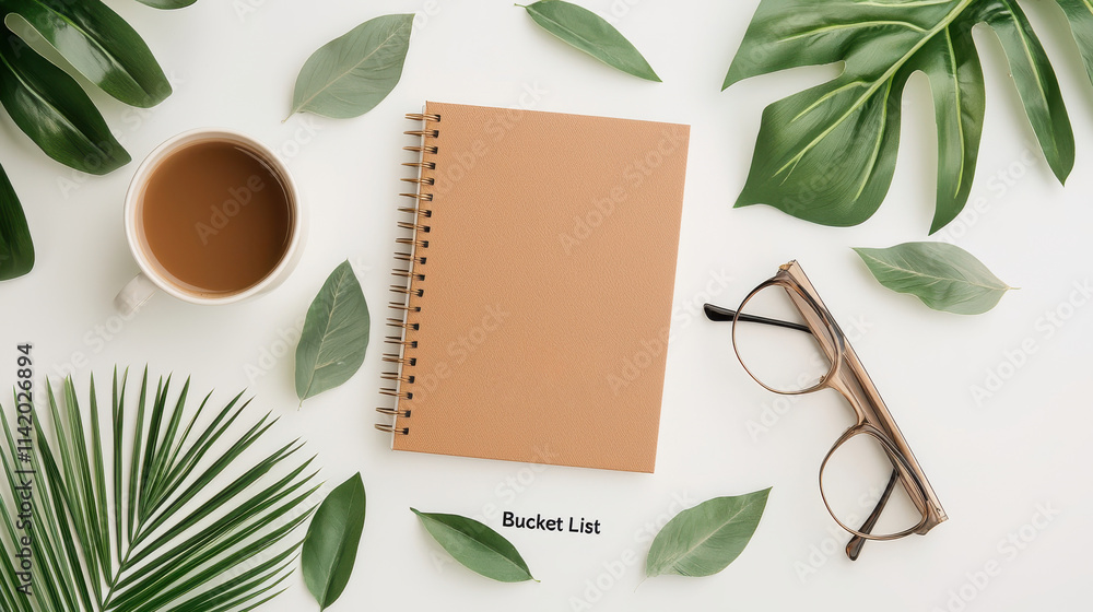 Poster 2025 bucket list concept. cozy workspace with bucket list notebook, coffee, and greenery
