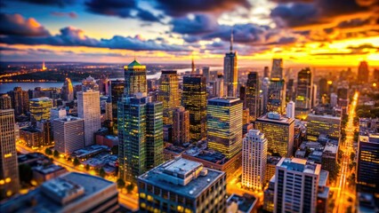 Fototapeta premium Miniature cityscape: a breathtaking sunset paints the aerial view of towering downtown buildings.